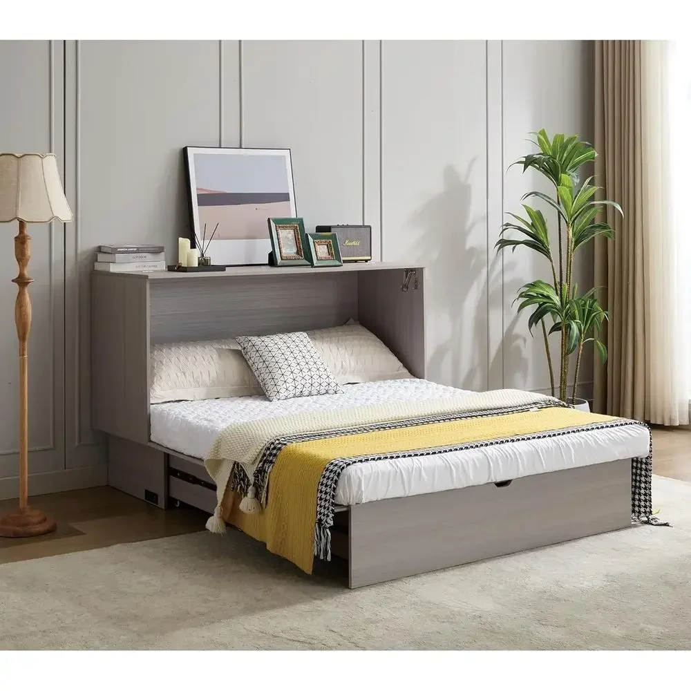 Queen Size Wall-Mounted Murphy Bed with Charging Station & Storage, Space-Saving for Bedroom, Living Room, Office (Grey) view 6
