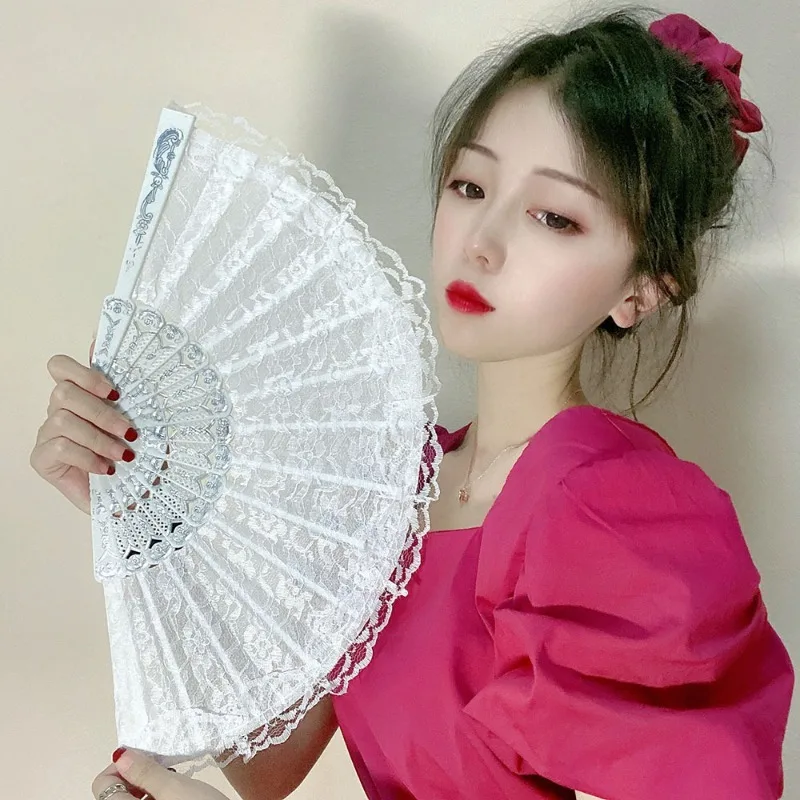 Fashion Wedding White Lace Folding Fan Plastic Wedding Cosplay Party Home Decorative Fan Ancient Bride Hand Fan Decoration