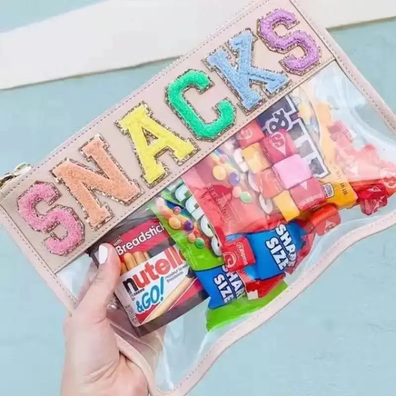 Children Food Snack Storage Zip Bag Pouch Chenille Patches Letters Waterproof PVC Cosmetic Bag Nylon Clear pvc Pouch with Zipper