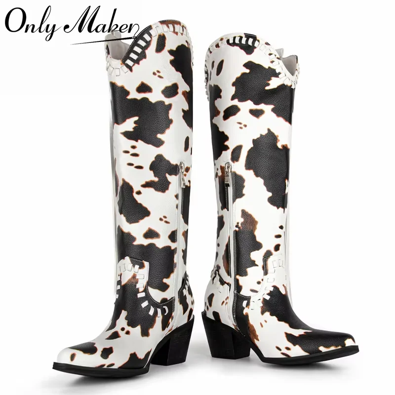 Onlymaker Cow Print Western Cowboy Boots Fringe Pointed Toe Side Zipper Chunky Block Heel Knee High Retro Country Style Boots