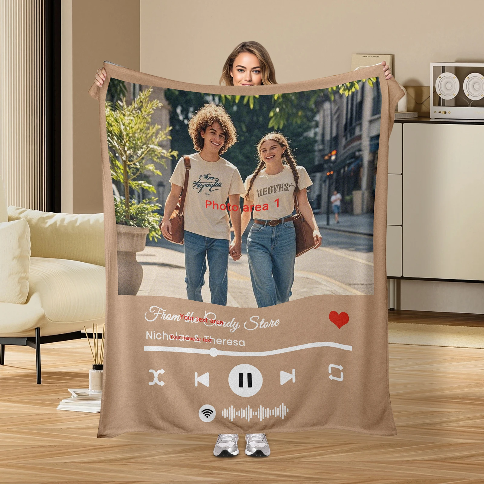 Valentine Flannel Blanket With Player Elements Heart Icons Two Custom Images And Two Romantic Texts For Couples