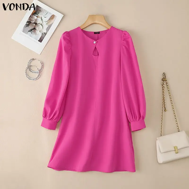 플러스 사이즈 5XL VONDA 패션 미니 드레스 여성 봄 긴 소매 파티 드레스 2026 우아한 단색 선드레스