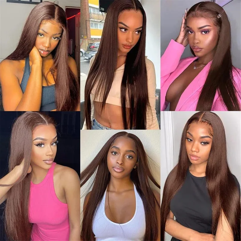 Brown Human Hair Bundles With Closure Straight Frontal 13x4 Lace 100% Real Human Hair Weave Extensions 26 28 30 Inches Color #4