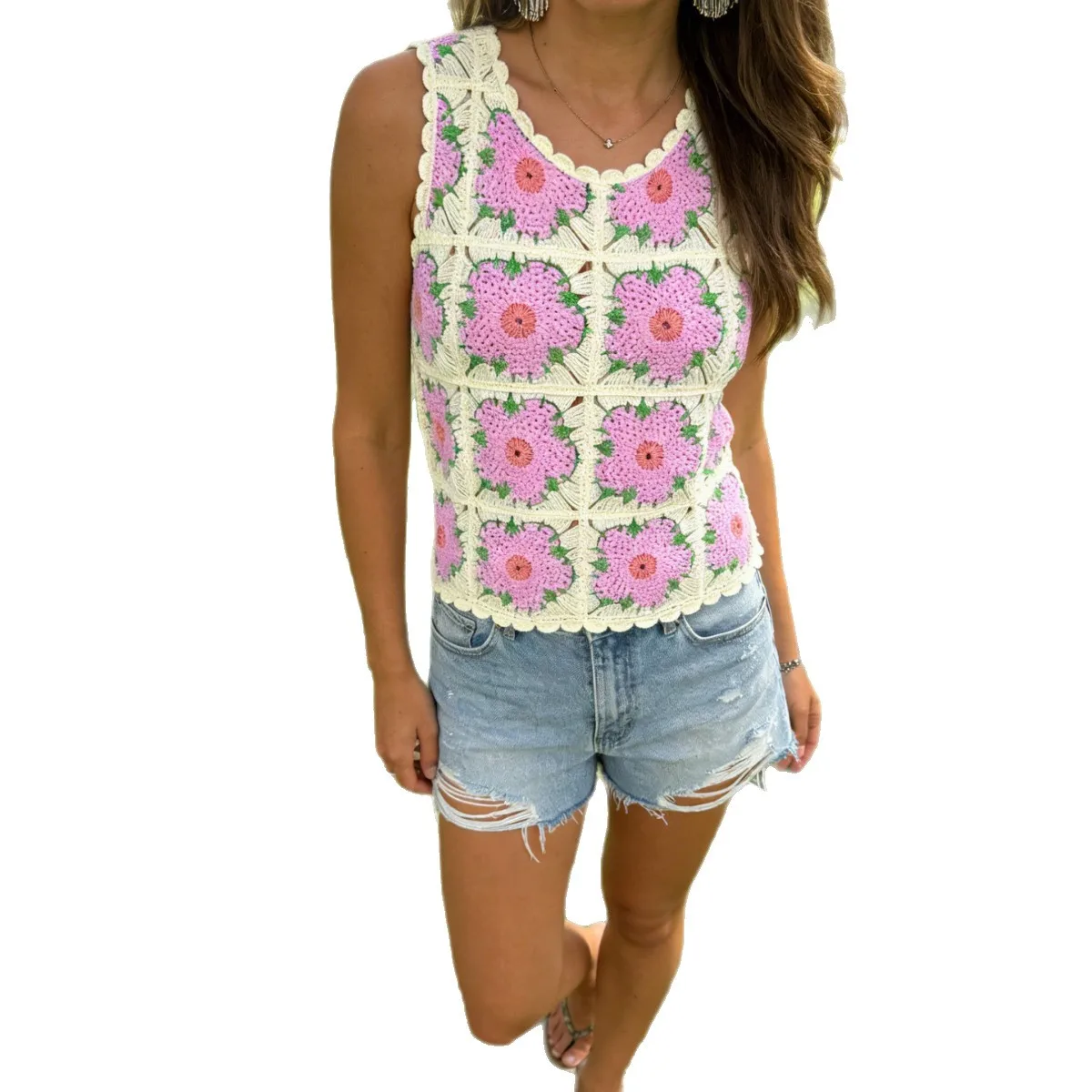 Sleeveless Slim Fit Top Cropped Sweet with Geometric Pattern Sweet and Fresh Tank Top Fitted Cute Slightly Stretchy Women Tanks