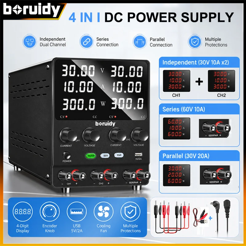 Boruidy SPS3010-2KD Mehrkanaliges Bipolares DC-Gleichstromnetzteil 30V 10A, Unabhängige Doppelausgänge, Seriell/Parallel Schaltbar, Labornetzteil 4-in-1, für F&E und Alterungstests,