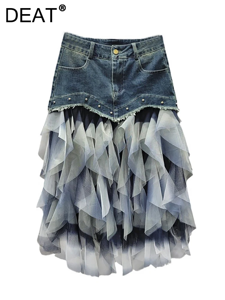 

DEAT Women's Denim Skirt High Waist Rivet Slim Patchwork Irregular Tie-dye Mesh Long Skirts 2024 Autumn New Fashion 29L8093