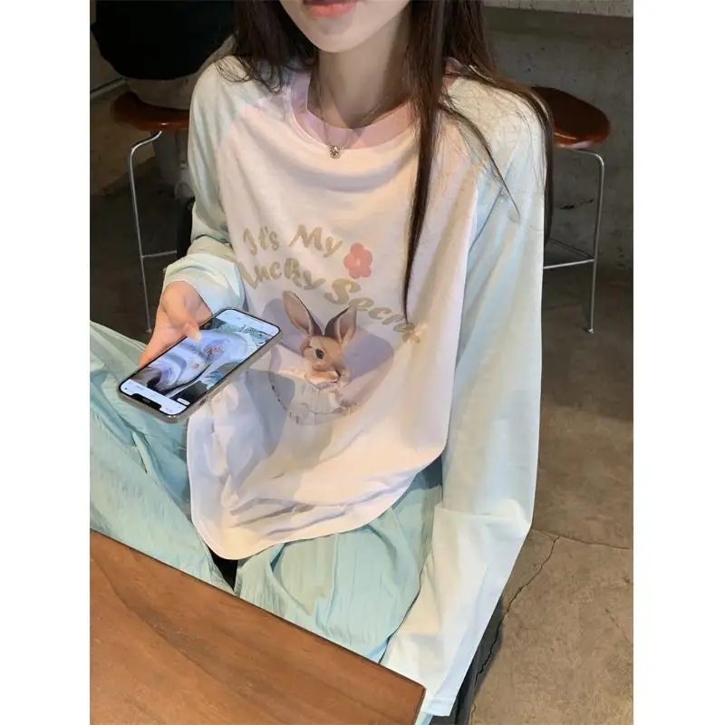 Korean Chic Sweet Loose Long Sleeve Tshirts Contrast Color Patchwork Cartoon Printed Graphic Tee Shirts Y2k Aesthetic E-girl Top