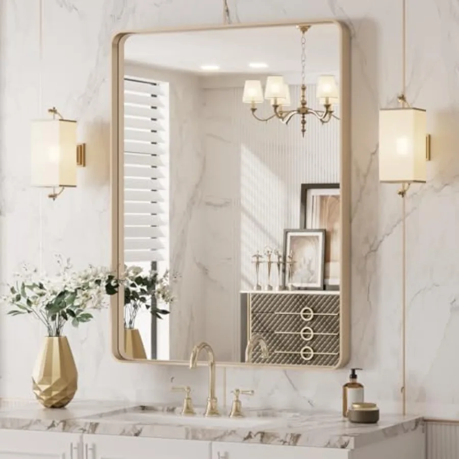 

20"X30" Bathroom Mirror Rounded Rectangle Frame Mirror Brushed Bathroom Vanity Mirror Wall-Mounted Anti-Rust Hangs Horizontally