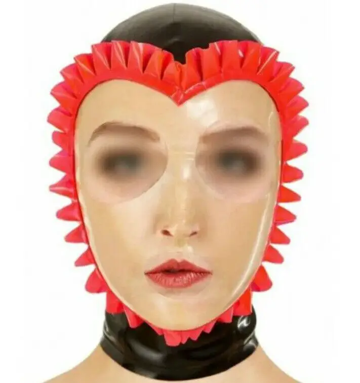 Latex Kigurumi Hood with Red Trim Lace Ruffle Rubber Mask Cosplay Club Wear