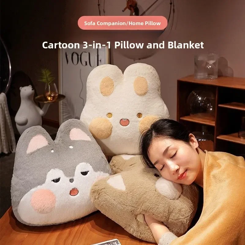 Cartoon Husky  Rabbit Pillow Blanket Handheld Office Car Nap Logo Printable Soft Cozy Throw Pillow Blanket with Handle
