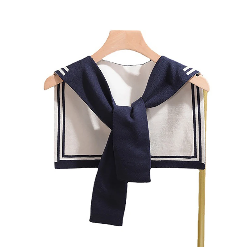 Korean College Navy Stripe Wool Knit Shoulder Cape Knotted Warm Shawl Summer Air Conditioned Room Protect Neck Woman\'s Scarf