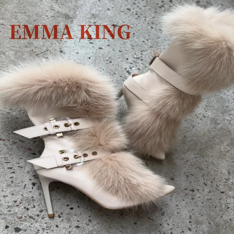 البيج الفراء أشار تو أبازيم أحذية النساء الكاحل الأشرطة موضة أحذية دافئة في الشتاء الصلبة أفخم فستان الحفلات مثير أحذية للنساء