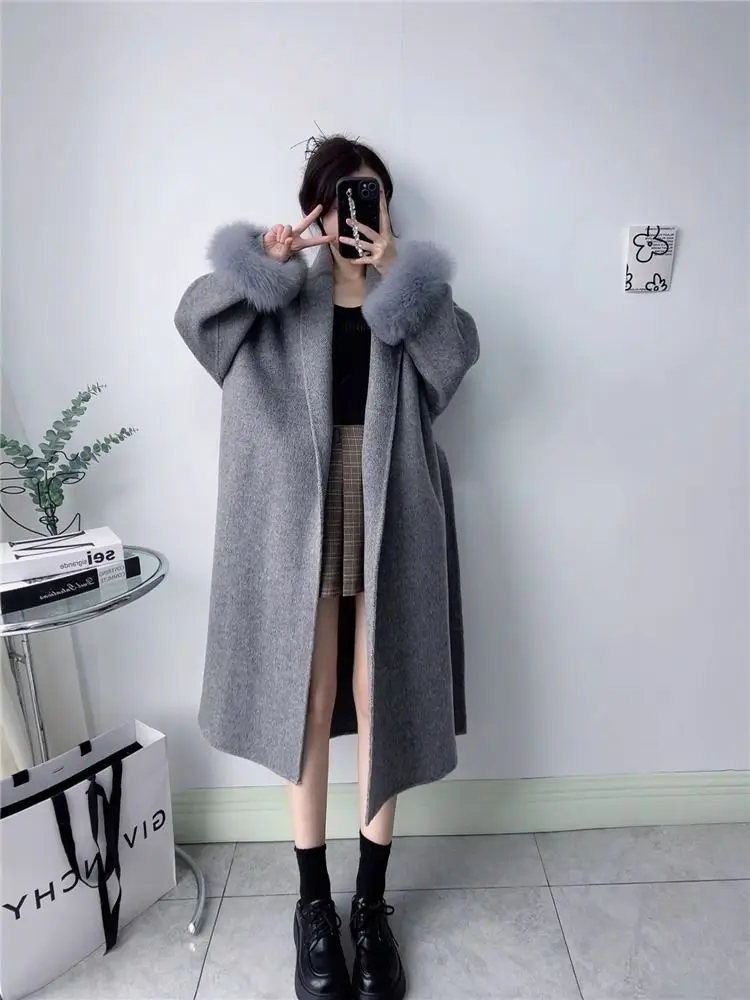 New Spring Winter Warm Faux Fur Long Woolen Coat Women Elegant Warm Wool Blend Trench Coat With Belt Fashion Outerwear