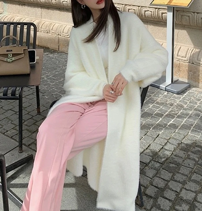 Women's Knitted Jacket 2024 Autumn Fashion New Mink Fleece Cardigan Loose Large Thick Medium To Long Lazy Style Knitted Jacket image 2