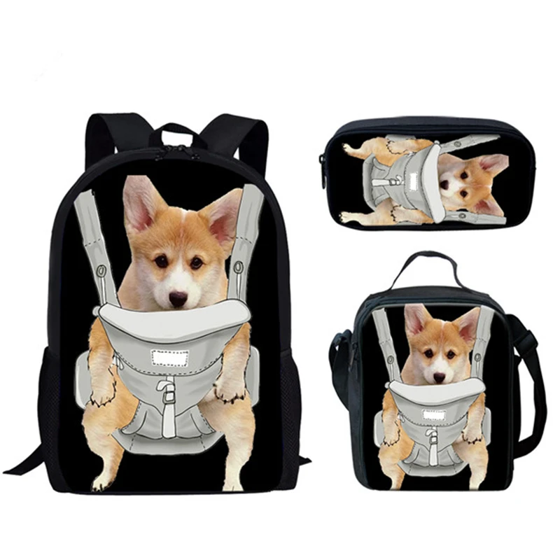 Animal engraçado Corgi Bebê Mochila, Mochila Escolar de Camuflagem, Kids Bookbag, Mochila Adolescente, Lunch Bag, Lápis para Estudante, 3Pcs Set