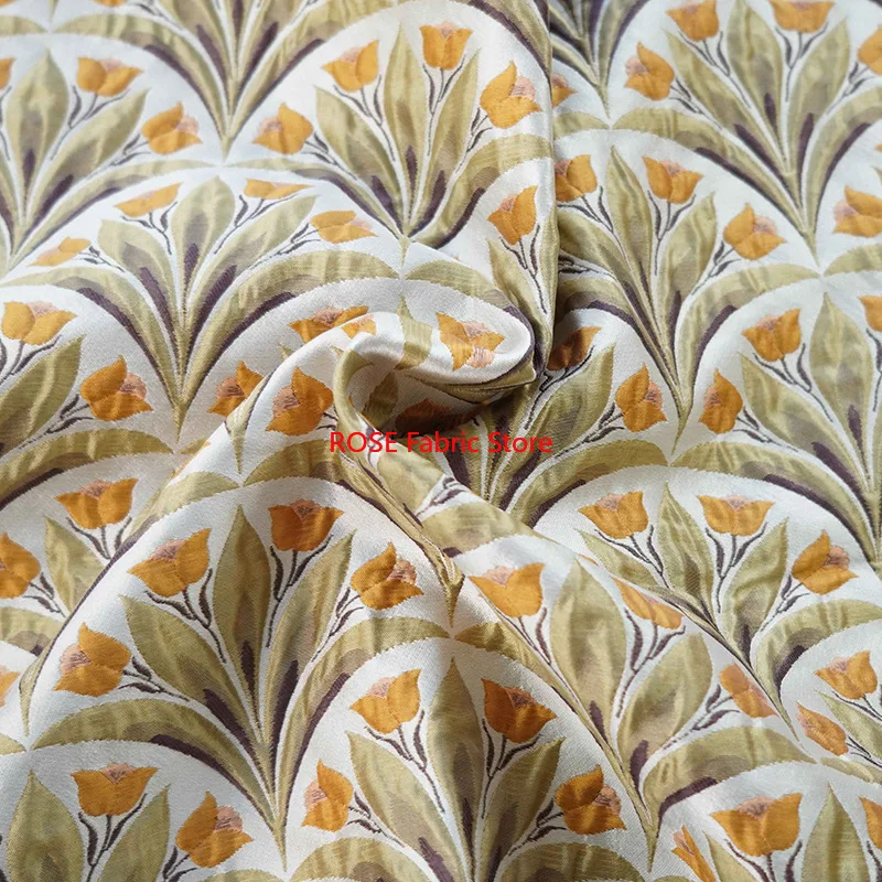 Tela Jacquard teñida con hilo con patrón de tulipán de 1 metro, estilo de pintura al óleo para otoño e invierno, tela suave para hacer vestidos para mujer