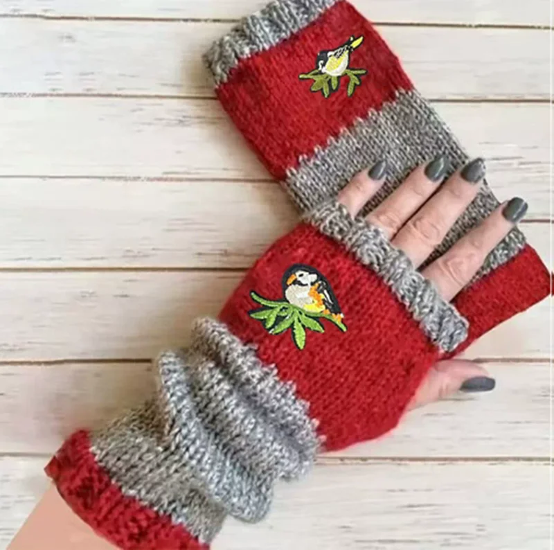 Animals Patchwork Embroidery Fingerless Gloves Windproof Warm Knitted Arm Warmers for Men Women Autumn Winter Outdoor