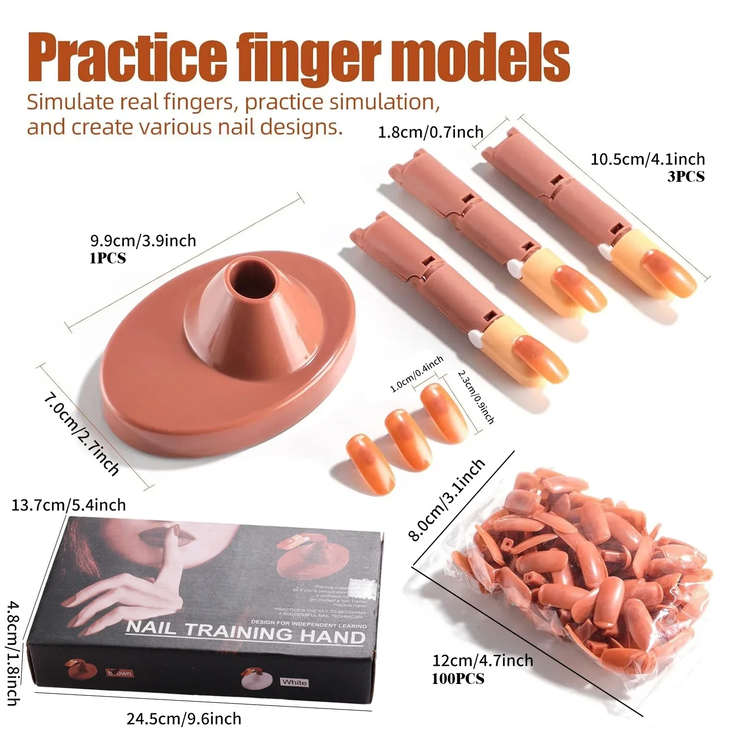 Nail Practice Finger Set with 3 Fake Fingers + Base Stand + 100 Brown Nail Tips – Ideal for Home, Salons, and Beginners.