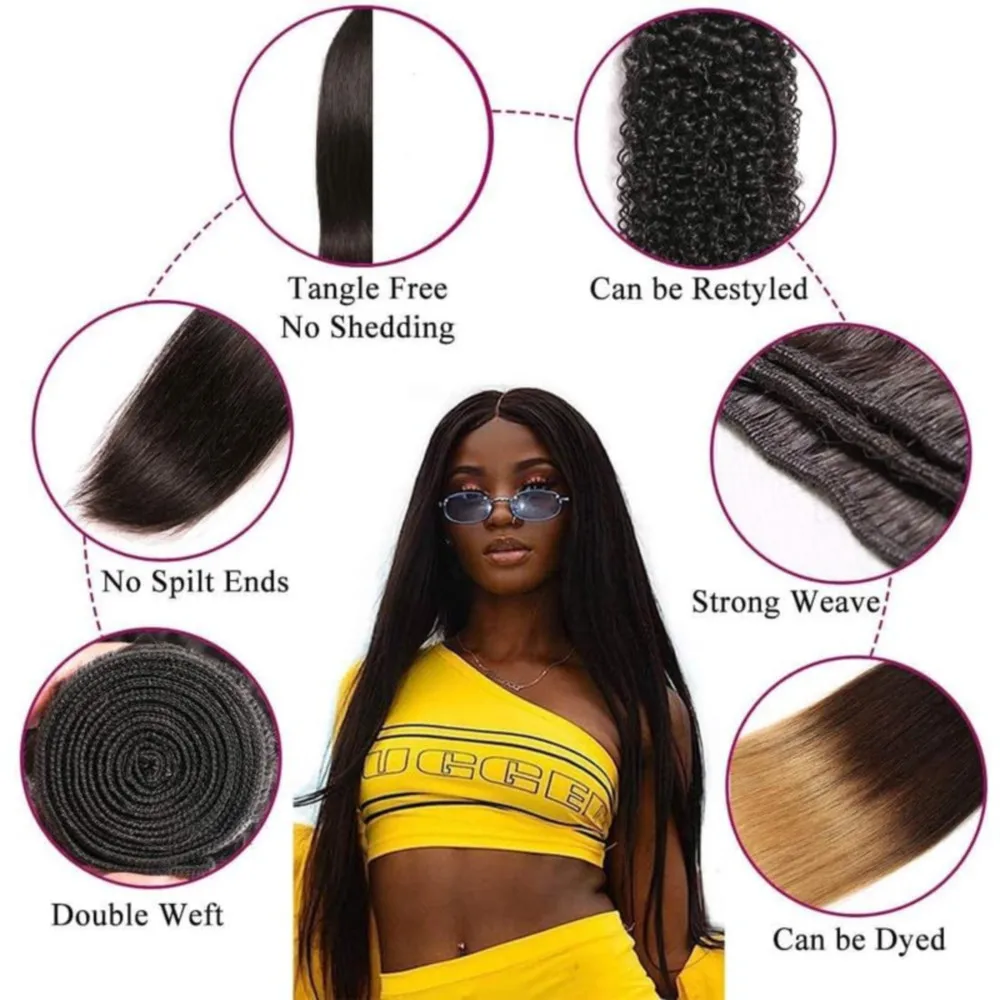 Straight 100% Real Human Hair Bundles Double Weft Natural Black Color #1B 1/3 Bundles Brazilian Unprocessed Human Hair Extension