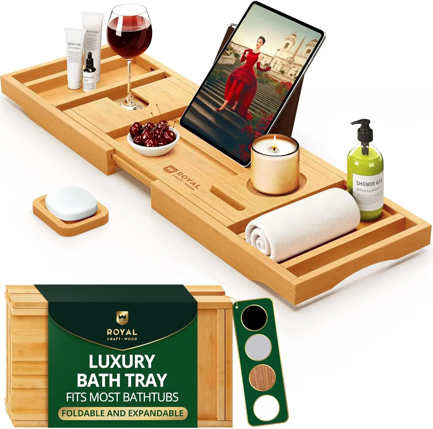 

Expandable Bamboo Bathtub Tray with Wine Glass Holder, Foldable Design for Spa Relaxation at Home