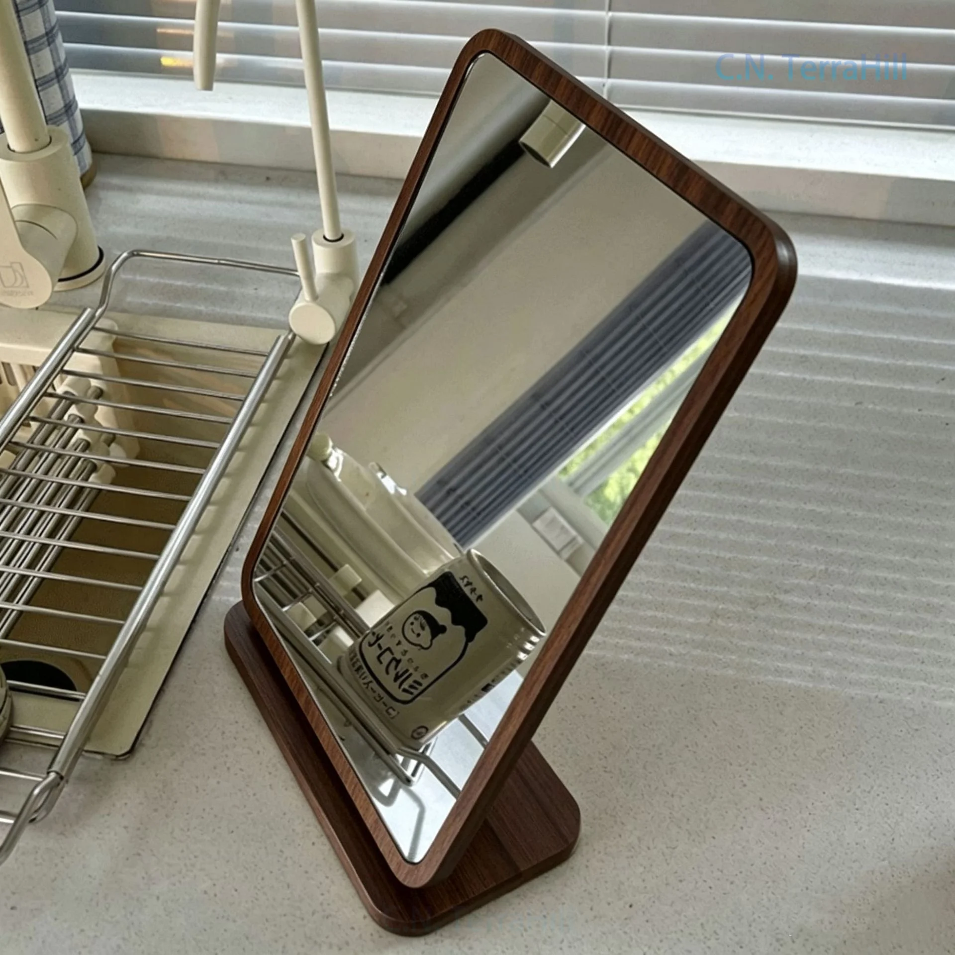 Wood Frame Folding Desktop Vanity Mirror Portable Standable Thickened Walnut Tabletop Makeup Mirror for Dorm Room