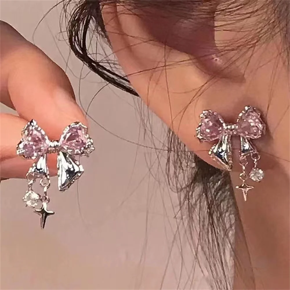 2024 Drop Earrings Fashion Silver Needle Bow Pink Metallic Zircon Irregular Anti-oxidation Stacked Wear Elegant Earrings