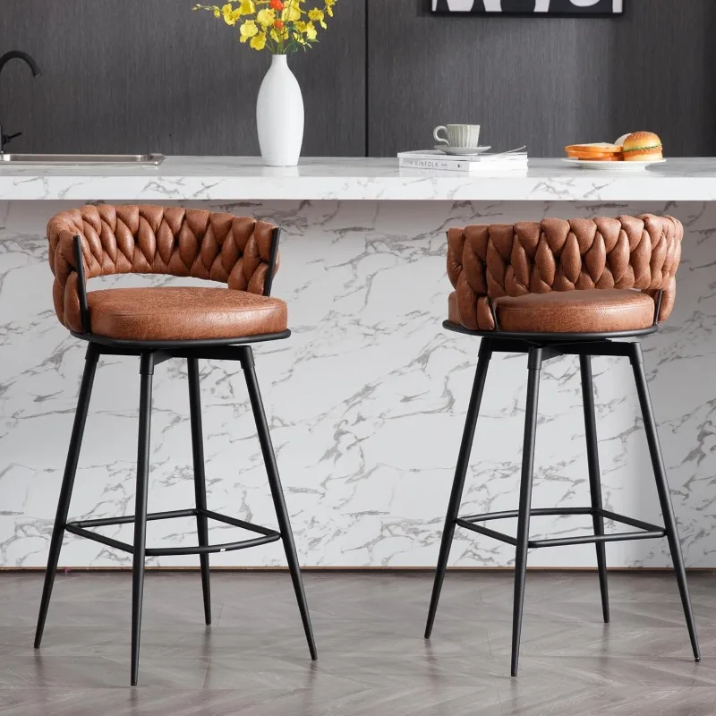 26inch Bar Stools Set of 2, Counter Height Bar Stools, 180° Swivel Suede Fabric Stool Chairs with Woven Back and Footrest