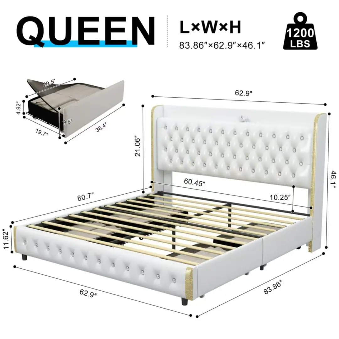 Queen LED Bed 4 Drawers Galaxy Projector Speaker Wingback Upholstered Headboard No Box Spring Wooden Slats PU White, Customized