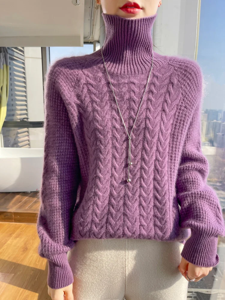 

New Fashion Women's Turtleneck Sweater For Winter Thick Warm Twist Flower 100% Merino Wool Knitwear Pullover Korean Popular Top