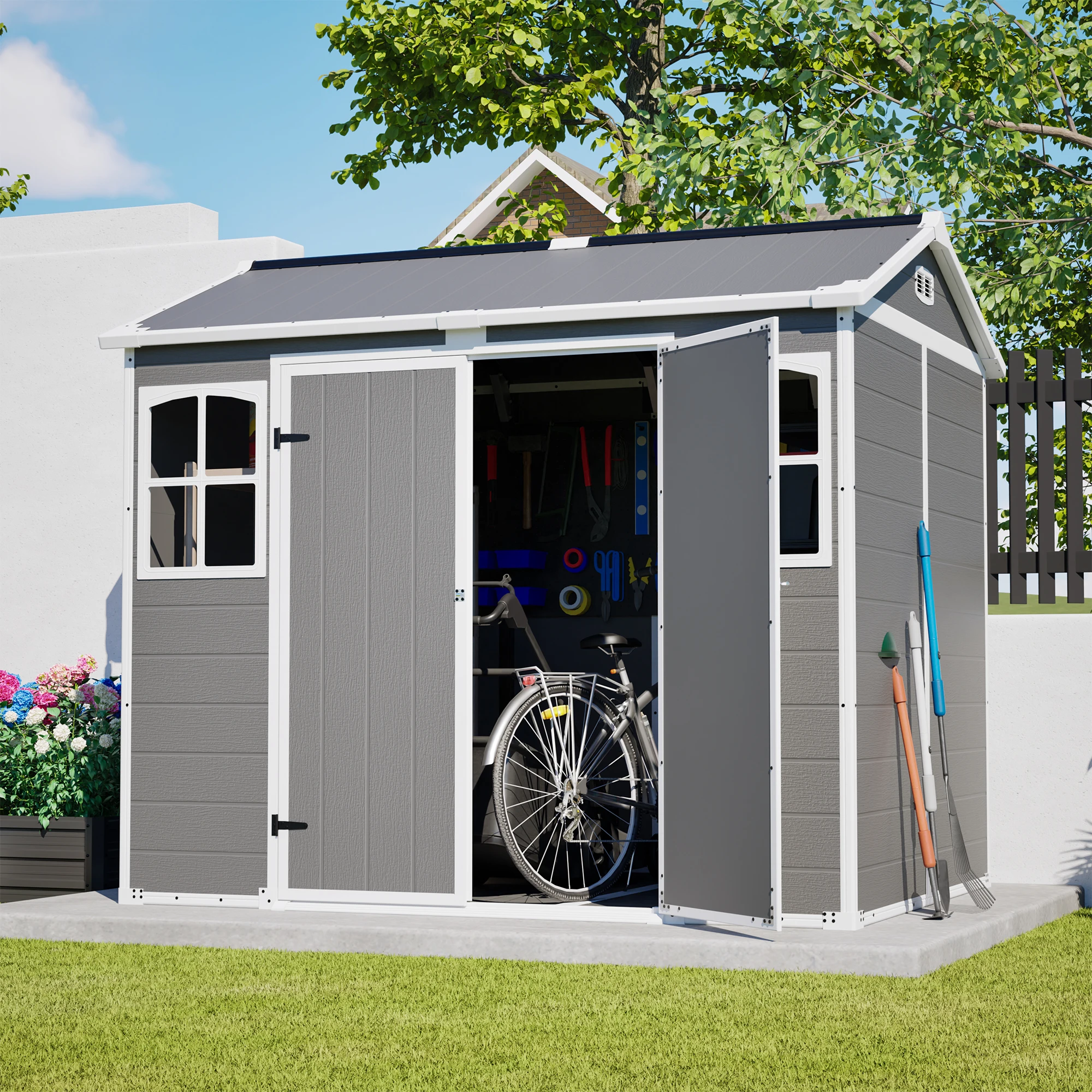 

Садовый пластиковый сарай 8 x 6 футов с полом, водонепроницаемый, с окном и запираемой дверью, для сада, двора, патио