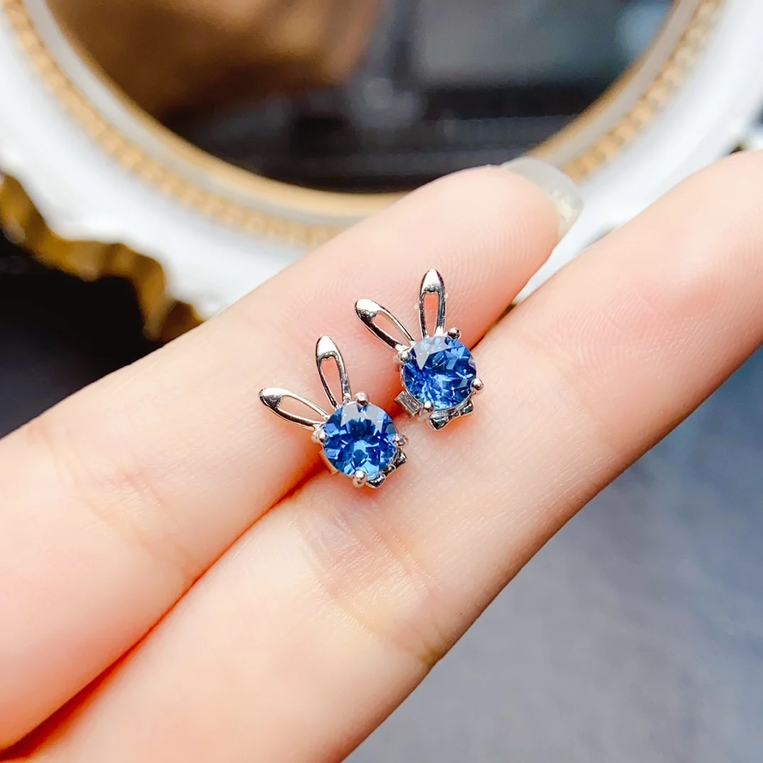 

FS 5mm Natural Sapphire S925 Sterling Silver Cute Rabbit Earrings for Women Fine Charm Wedding Party Jewelry Certificate MeiBaPJ