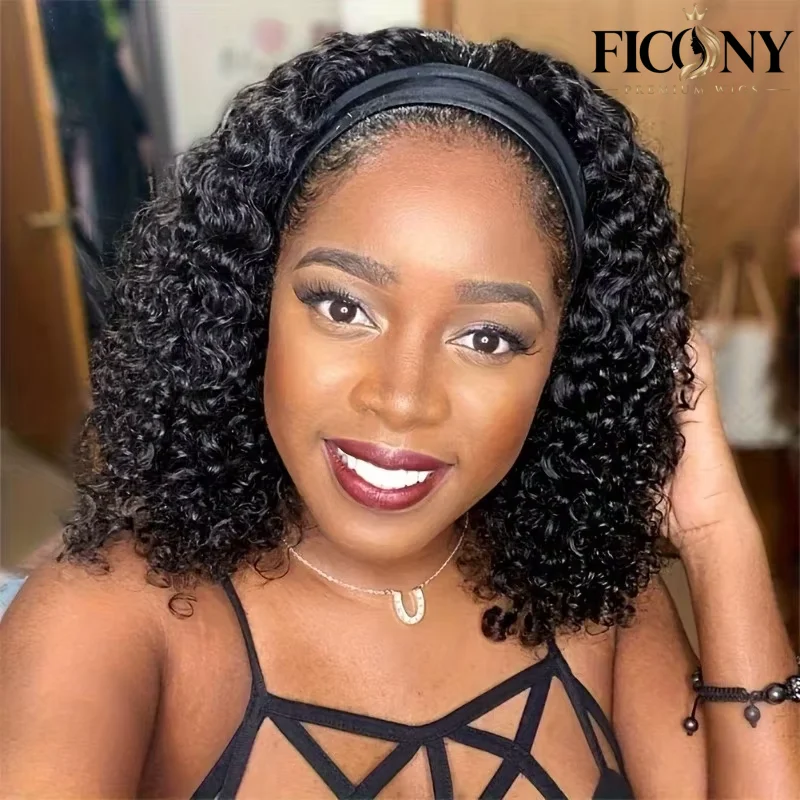 200% Density Body Wave Brazilian Remy Human Hair Full Machine Made Wig Kinky Curly Headband Wig for Women