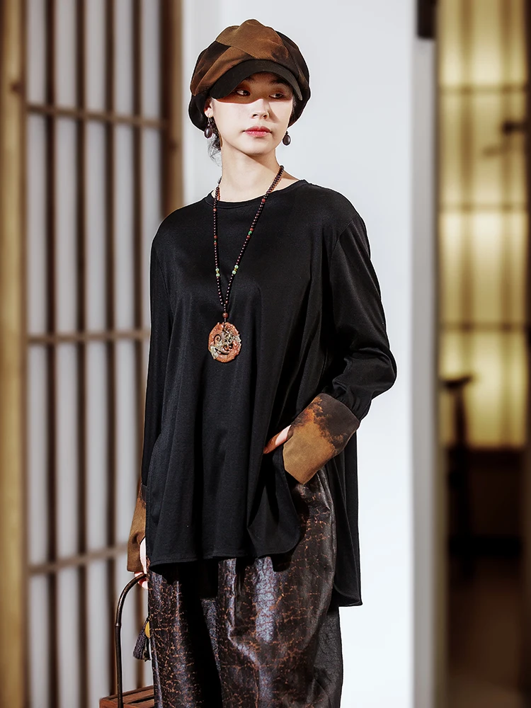 

Новая китайская женская облегающая трикотажная кофта с круглым вырезом, двусторонняя, с пэчворком из шелка сянъюнь, с длинными рукавами