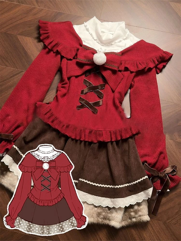 

Japanese 3 Piece Sets Y2k Aesthetic Collar Sweet Bow Tops + Lolita Turtleneck T-shirt + Lace Patchwork Mini Skirts ​outfits