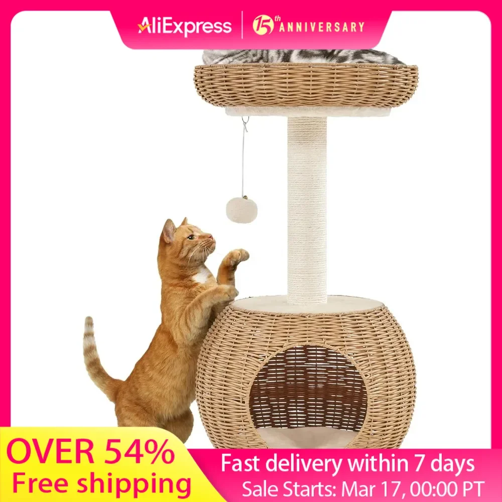 Cat Tree, Rattan Cat Climbing Tower Scratching Post, Woven Rattan Cat Condo and Soft Cushion Top Perch, Pet Furniture