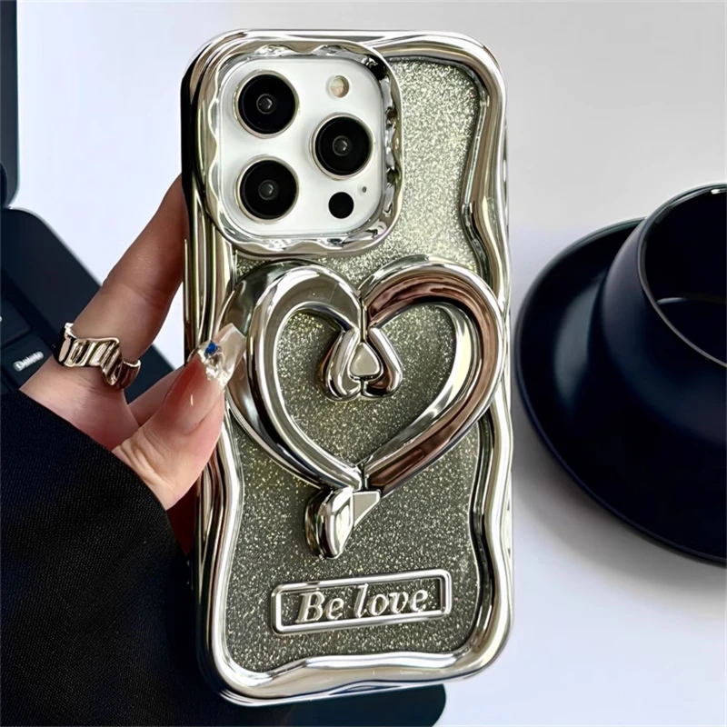 Fashion Romantic 3D Lover Heart Holder Stand Case For iPhone 15 Pro Max 14 13 12 11 Plating Gradient Glitter Shockpoof Cover