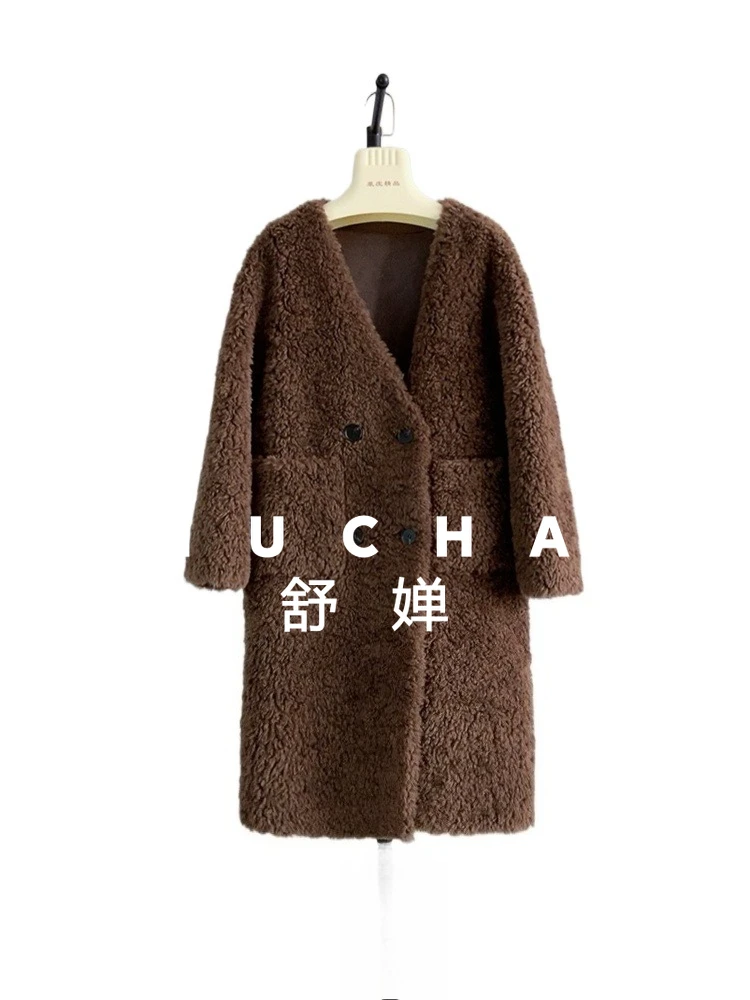 100% Wollen Jas Vrouwen Nieuwe Warme Schapen Scheren V-hals Lange Wind Jas Herfst en Winter Casaco Feminino De Inverno Super Quente