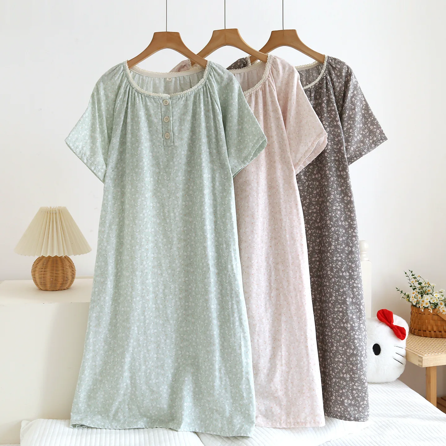 

Хлопковая ночная сорочка из марли для женщин, летняя, с цветочным принтом, с коротким рукавом, цельная, домашняя одежда, ночное белье для женщин