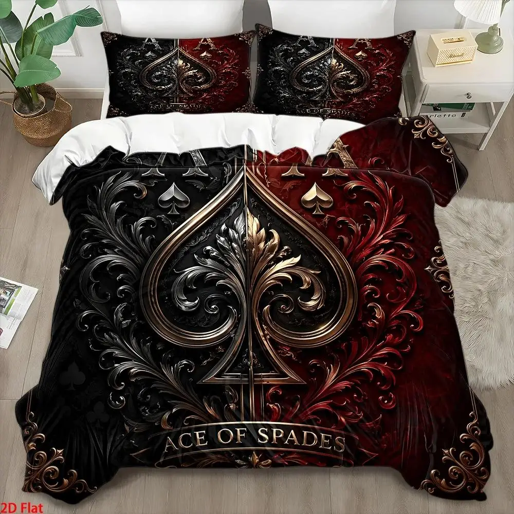 3Pc Light Luxury Style Black and Red Ace of Spades Printed Duvet Cover Set, 1*Duvet Cover + 2*Pillowcases, Bedding Set of Three, Skin-Friendly Breathable Polyester Woven Bedding, Invisible Zipper Closure, Anti-Wrinkle, Machine Washable, Soft and Comfortable, Suitable for All Seasons, Double Bedding Set, Modern Minimalist Bedroom Decor Bedspread Set, Easy to Clean and Durable, Suitable for Home Master Bedroom, Guest Room, Student Dormitory, Large Double Bed Cover, Nordic Style Quilted Duvet Cover Set 2D