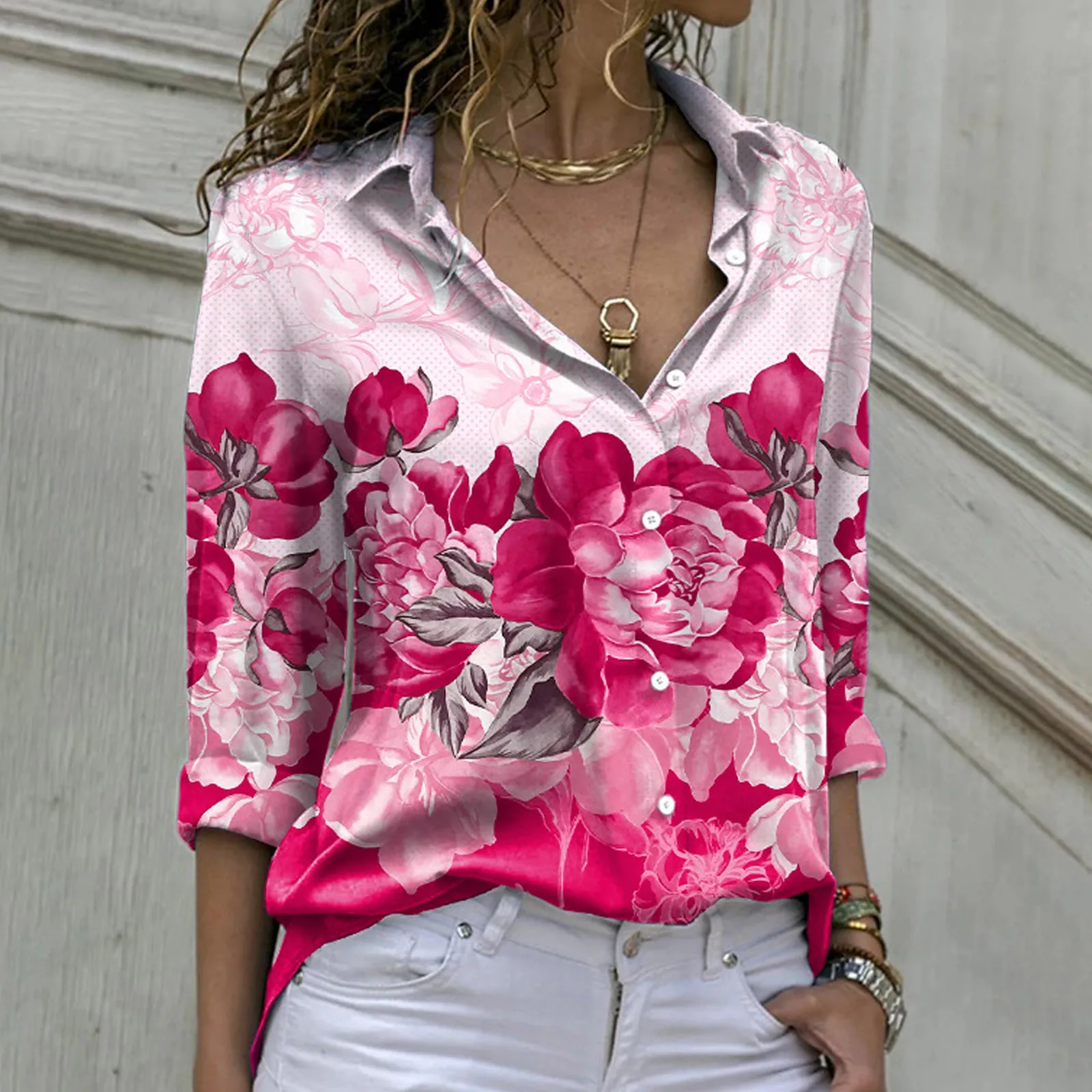 

Women'S Shirts Boho Floral Long Sleeve Lapel Blouse Button Cardigan Summer Vantage V-Neck Floral Stand Collar Tops Blusa Mujer