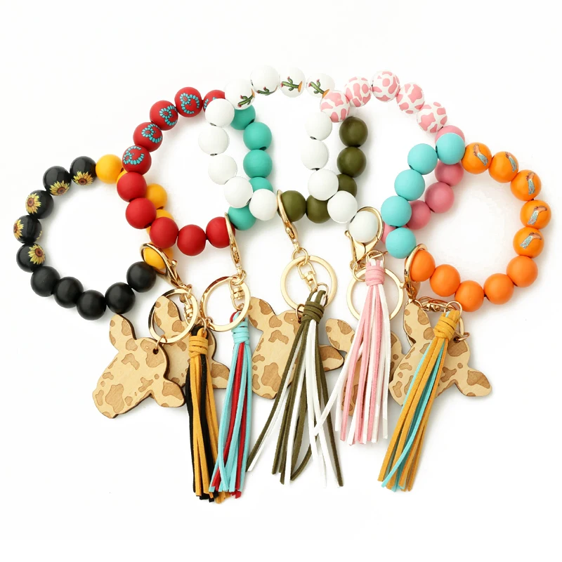 2023 Cow Beads Leather Tassel Cute Cow Wood Bull Wooden Bead Wristlet Sliced Beef Head Western Denim Bracelet Cow Print Keychain