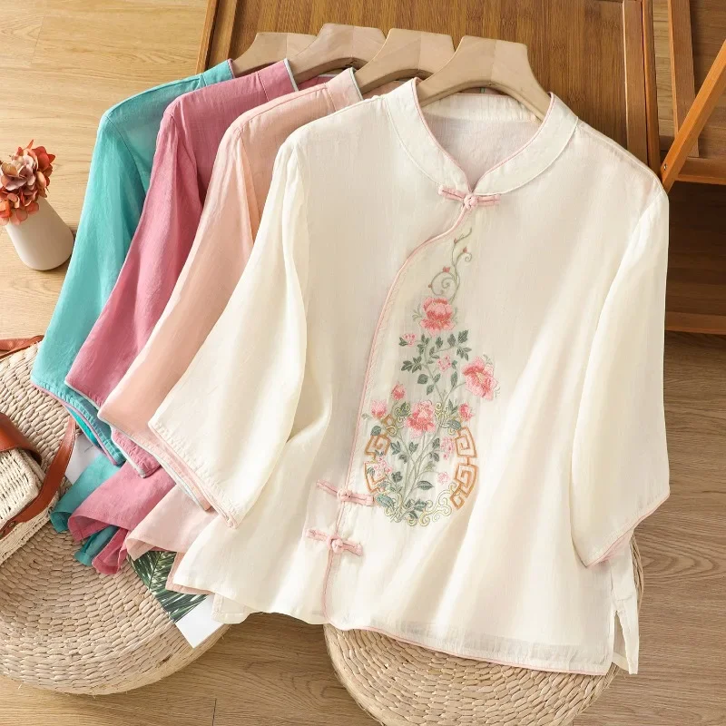 Camicetta da donna in stile cinese ricamata Camicie vintage Moda Abbigliamento estivo allentato Top da donna in lino di cotone a maniche corte