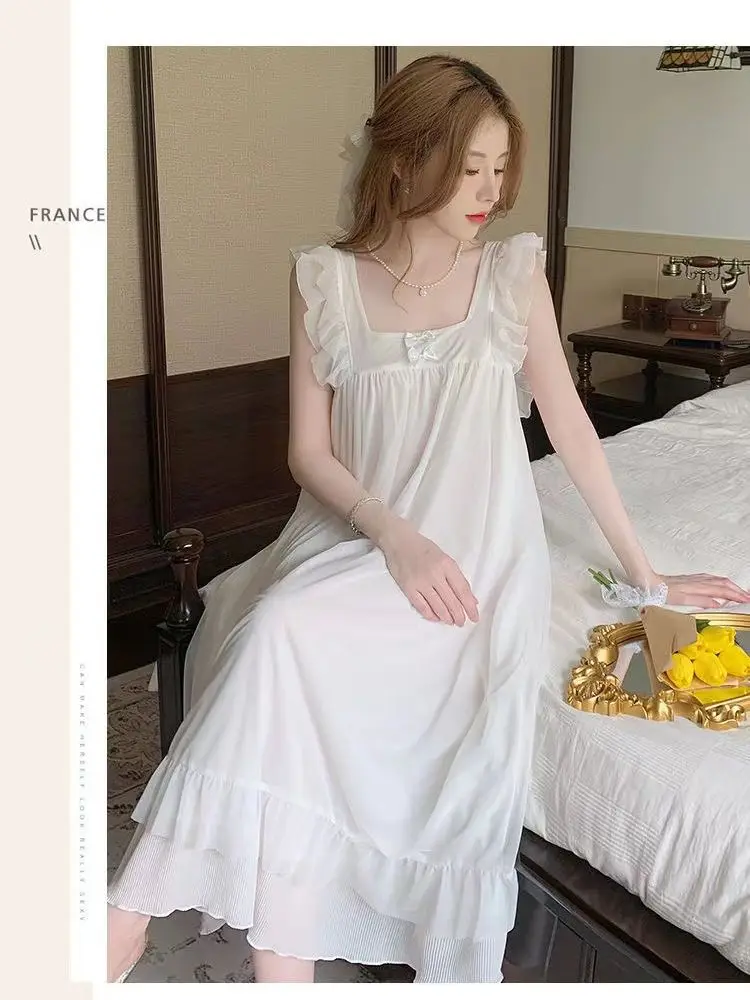 Summer Womens Princess Dress White Sleeveless Sleepshirts Vintage Lady Girls Nightgowns Nightdress Royal Style Pajamas Sleepwear