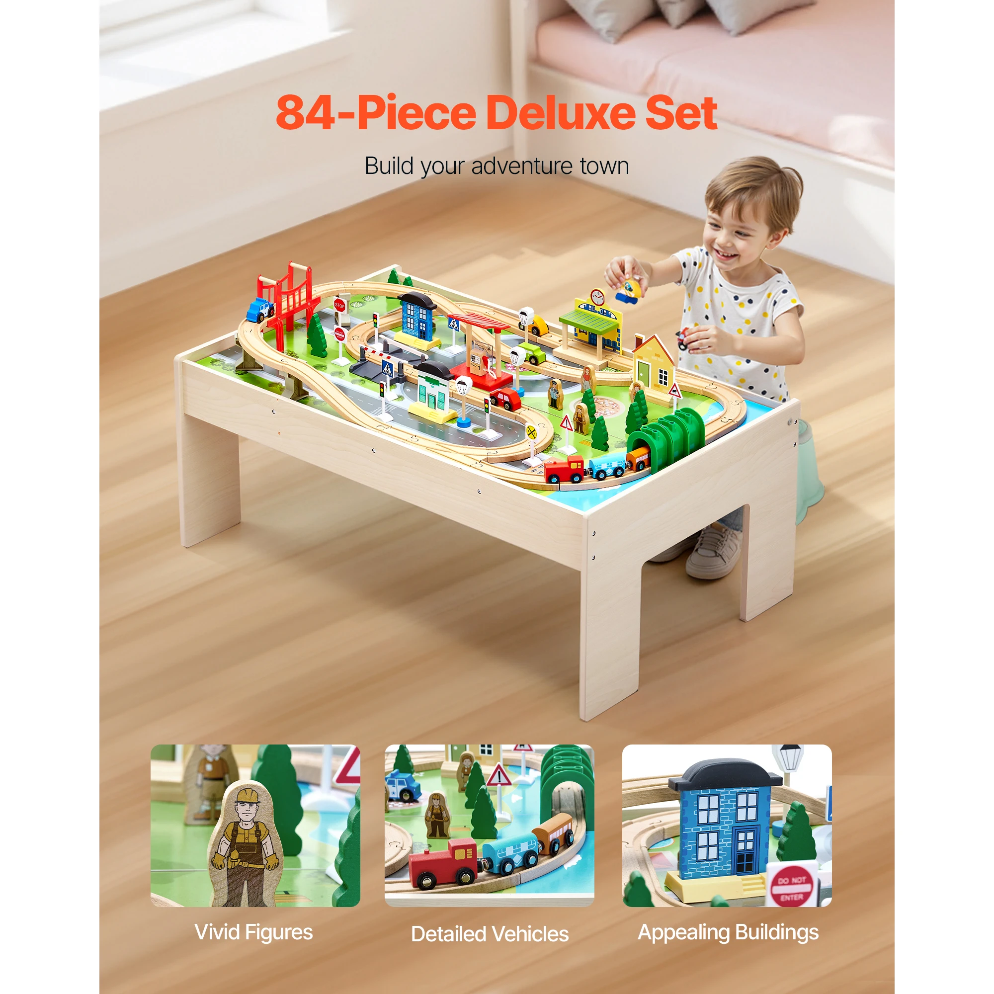 SucceBuy Ensemble de table de train en bois pour enfants 84 Jouets de table de jeu d'activité multicolore avec bac de rangement pour enfants Jouet de dessin de jeu