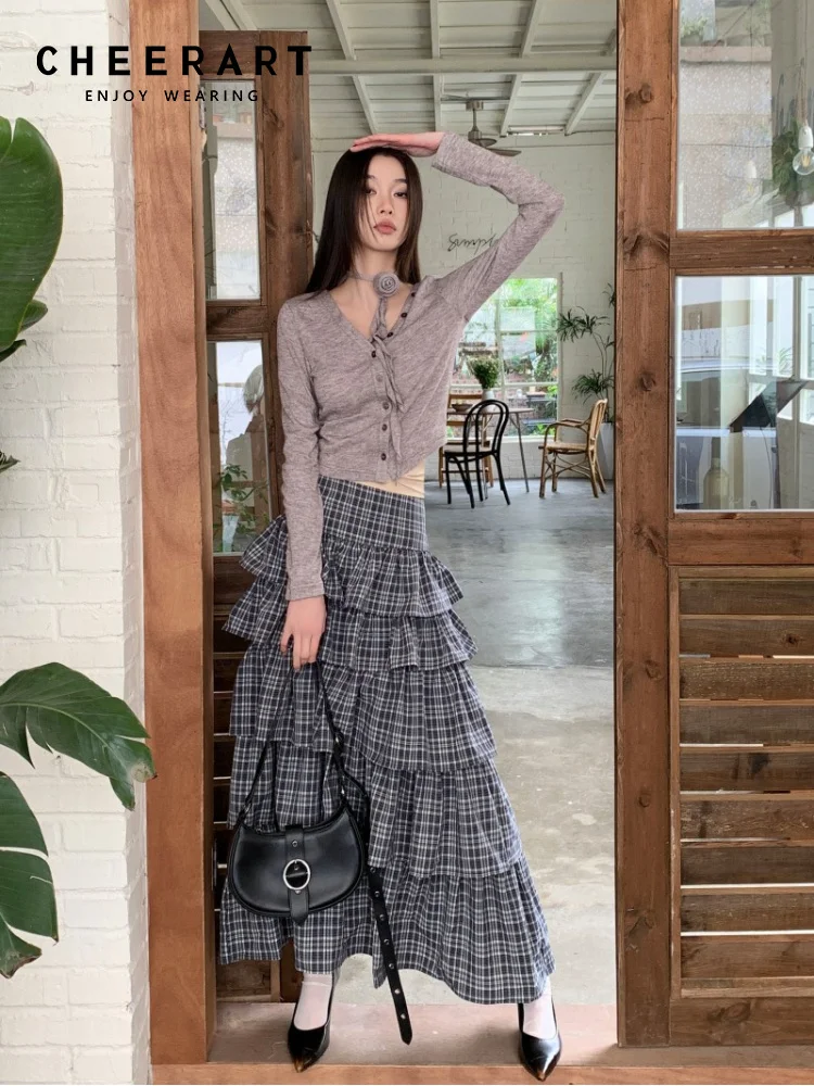 CHEERART Preppy Plaid Ruffle Layered Long Skirt For Women High Waist Designer Bottom Midi Tiered Skirt Autumn Clothes