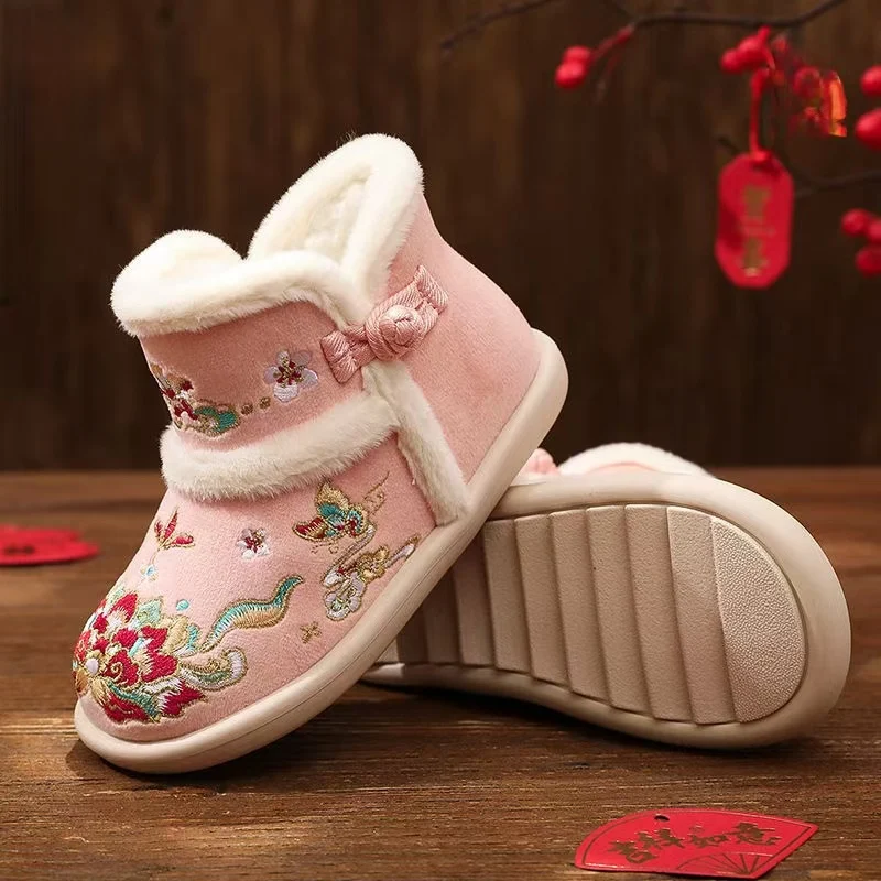 2024 Winter Girls Ethnic Style Embroidered Cotton Boots Soft Sole Non Slip High Top Slip On Plush Warm Hanfu Cotton Shoes