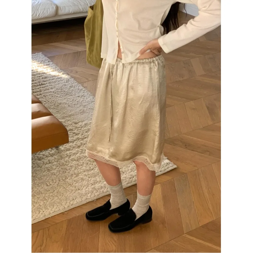 

Summer New Style Lace Trim Satin Mid-Length Half Skirt Elastic Waist Women's Fashionable Casual Skirts for All Seasons