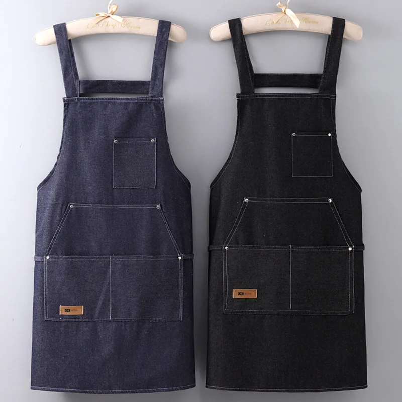 

No-Tie Canvas Apron logo Hospitality Hairdresser Salon Kitchen Barber Restaurant Chef Cook Denim Apron for Men and Women