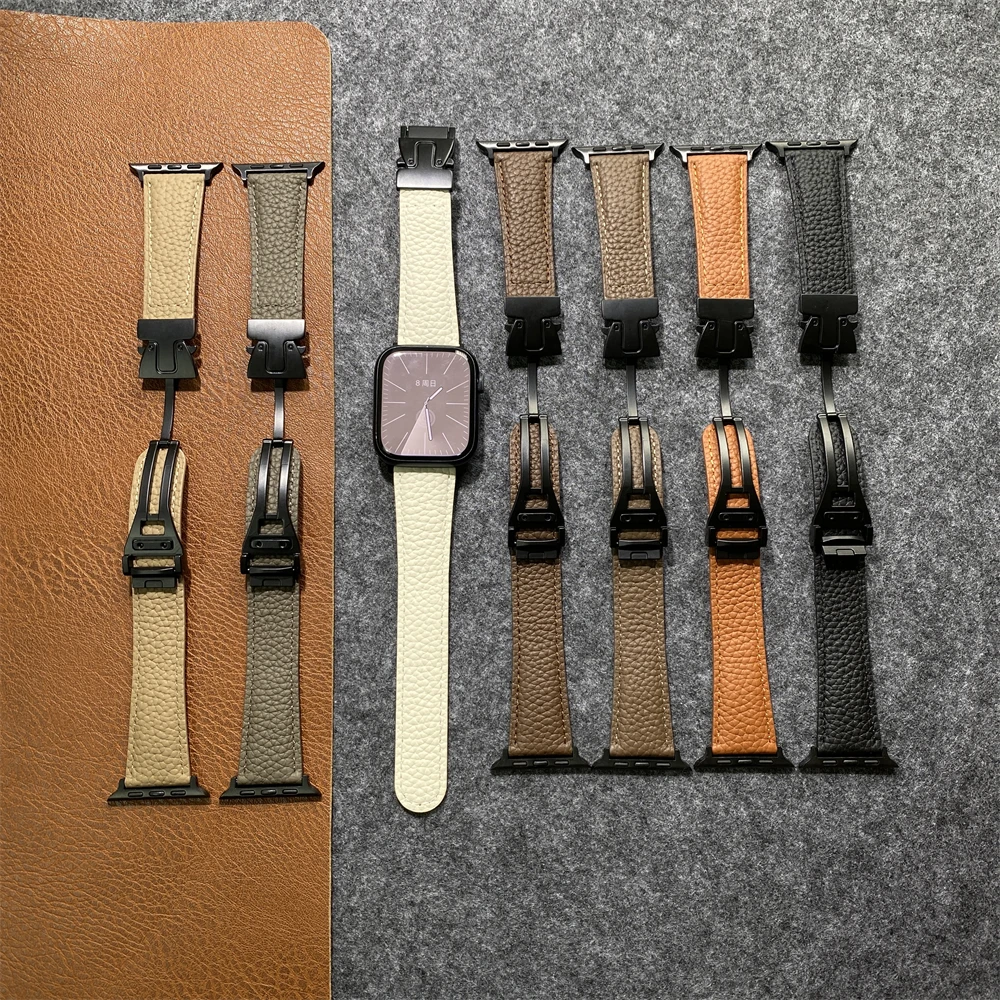 Lychee Grain Genuine Leather buckle For Apple Watch Band 38mm 40mm 41mm 42mm Magnetic suction For iWatch 10 9 8 7 6 5 4 3 2 1