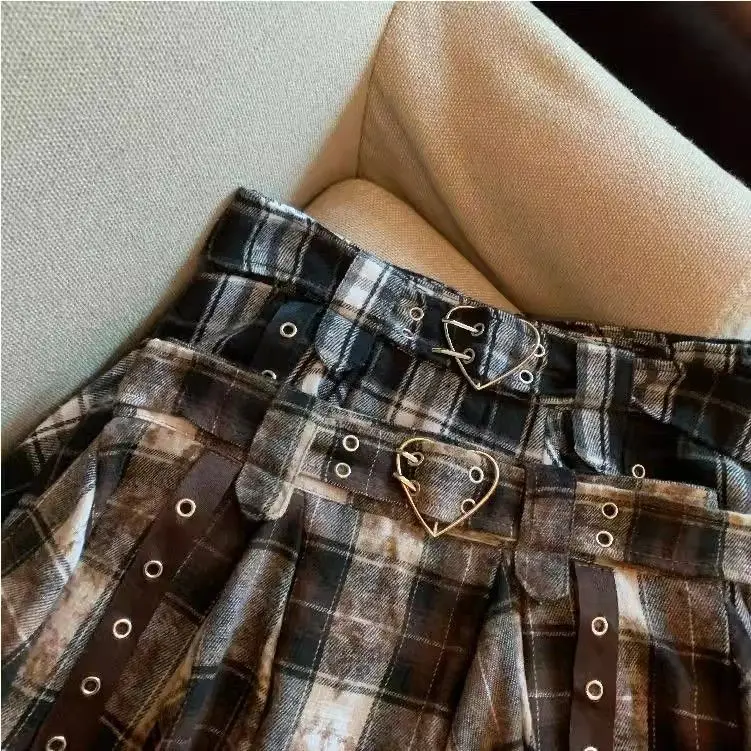 Retro Hot Girl Plaid Skirt Women Design Fashion Hip-Hop American Pleated Skirt 2024 New Y2K Harajuku High Waist Mini Skirt